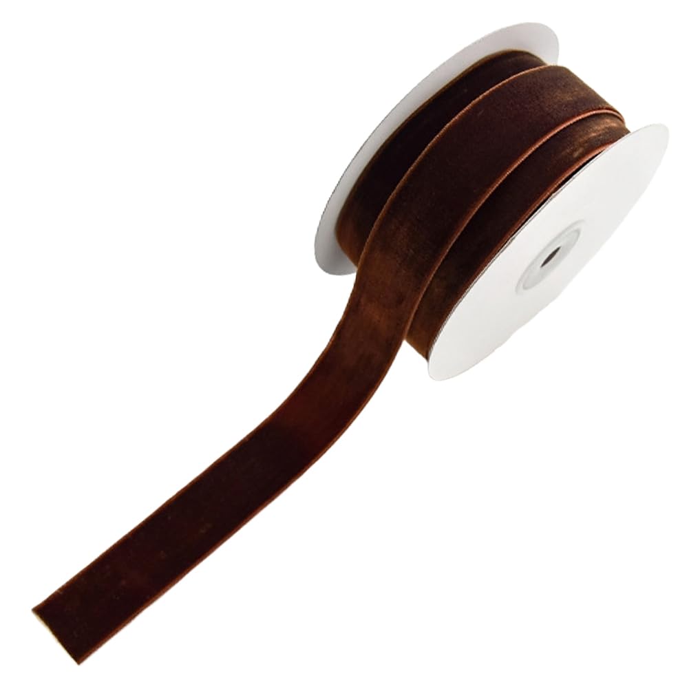 CABODYALS 2 Roll 20M 25mm Dark Brown Velvet Ribbon Copper Soft Vintage Single Sided Spool Silky Soild Fabric Ribbons Bundle Rolls for Sewing Making DIY Crafts Gift Wrapping Bouquets