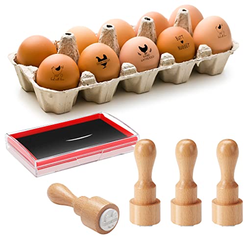 Nuanchu 4 Pcs Fresh Egg Stamp Round Wooden Rubber Stamp for Easter Eggs Stamp Sticker Chicken Label Stamp Mini Carton Stamp with Ink Pad for Chicken Coop Stamper Home Farm Supplies(Stylish Style)