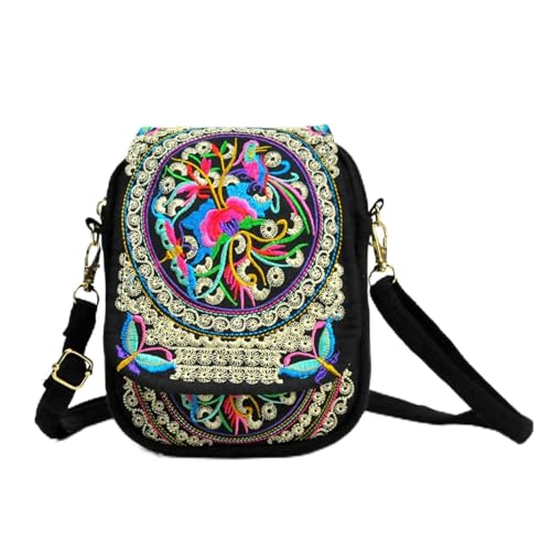 Women Shoulder Bag Travel Pouch Vintage Floral Embroidered Crossbody Zip Bag Embroidered Mobile Phone Bag