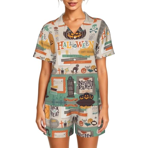 Pijama de manga corta para mujer con estampado de Halloween y cómodo cuello clásico