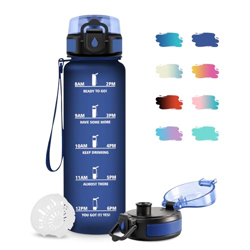JAPORIA Bouteille d'eau 1L, Gourde avec Filtre sans BPA, Bouteille d'eau de Motivation avec Marqueur de Temps, Étanche et Réutilisable, Bouteille Réutilisable pour l'école, Sport, Bureau, Camping
