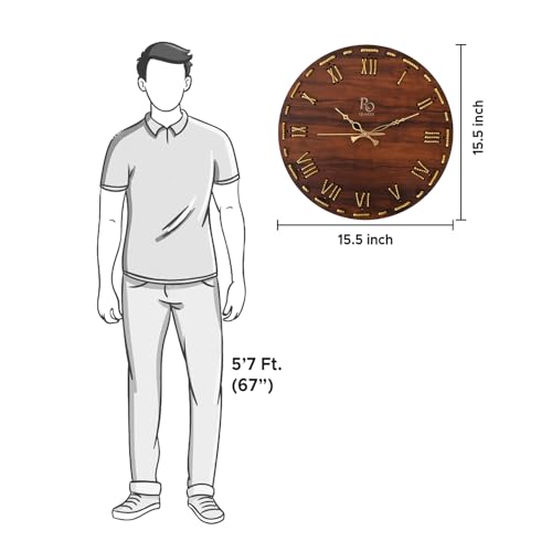 Image of Wooden Round Shape Roman Dial Wall Clock with Golden Hand & Golden Zari Rope Detailing | Stylish Silent Quartz Movement Anti Reflection Analog Vintage Clock for Home (Brown, 15.5 Inch)