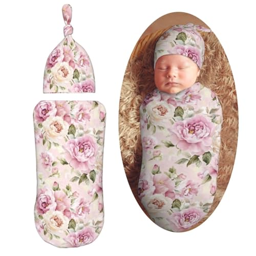 Image of Vintage Yellow and Pink Peony Flowers Swaddle Blanket with Beanie Hat Set Newborn Swaddle Wrap Soft Baby Receiving Blankets Baby Swaddle Blanket for Baby Boys and Girls