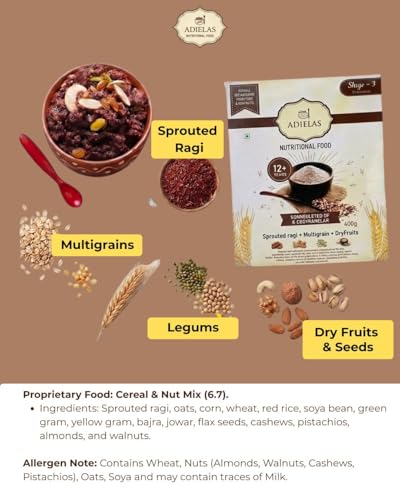 Image of ADIELAS Stage 3 Sprouted Ragi Multigrain Mix for 1+ Years | Pediatrician Formulated | With Dry Fruits, Grains & Pulses | 400 g