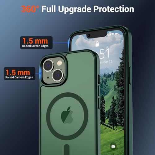 Image of SUPFINE Magnetic for iPhone 14 Case & iPhone 13 Case (Compatible with MagSafe)(Military Grade Drop Protection) Slim Translucent Matte Shockproof Phone Cover,Forest Green