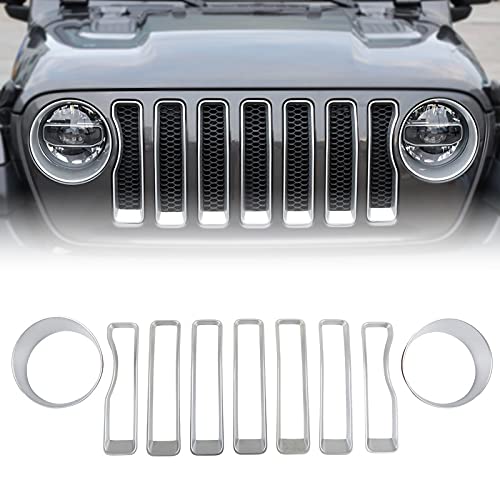 Front Grill Inserts & Headlight Bezels Cover Trim Kit, Grille Guards for 2018-2021 Wrangler JL JLU Unlimited Gladiator Sport/Sport S, Really Makes The Car Look Different and Unique! (Silver)