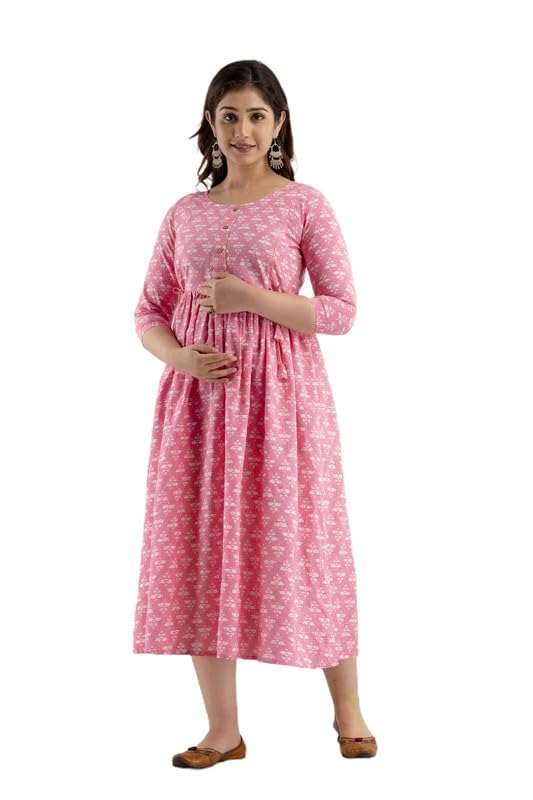 Women Cotton Printed Maternity Gown | Western Dress with Zippers for Nursing Pre and Post Pregnancy Kurta | Feeding Kurti | Pink-image-41