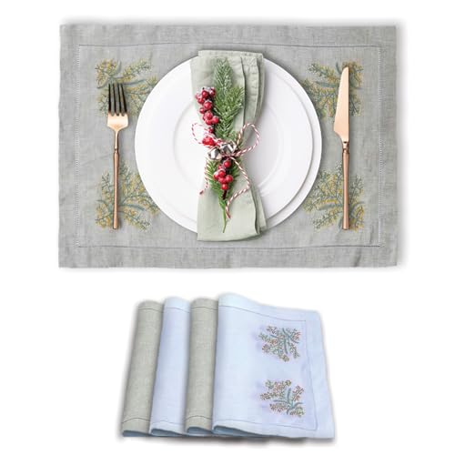 EmbroideryLinen.VN Cloth Placemats Set of 4, 14x20 Inch, 100% Linen,