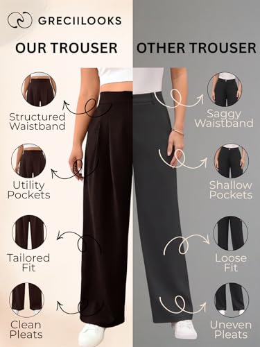 Image of GRECIILOOKS Trousers for Woman | Womens High Rise High Waist Flared Korean Style | Formal Pant for Women Office Wear| Track Pants for Womans Elegant for College & Events (Available in Plus Size)
