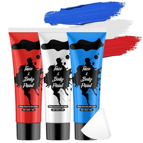3PCS Blue White Red Face Body Paint Kit,Water Based Face Painting for Halloween SFX Makeup,Full-coverage Body Paint with sponges for Joker Clown Devil Spider-man Halloween Costume Cosplay