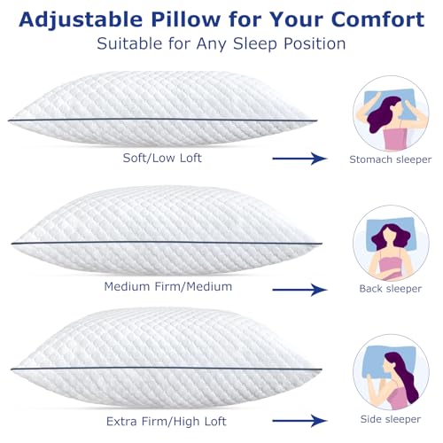 Image of Cooling Standard Pillows Set of 2, Shredded Memory Foam Pillows Standard Size, Adjustable Firm Bed Pillows for Side Back Stomach Sleepers, Standard Pillow for Sleeping with Zip Washable Cover