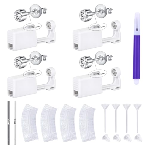 LAURITAMI Ear Piercing Kit 4Pcs Ear Piercing Gun with Earring Studs Asepsis Disposable DIY Self Piercing Kit with Ear Care Bars Waterproof Ear Covers Marker Clear Studs for Women Men