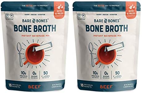Bare Bones Beef Bone Broth Instant Powdered Mix | Rich Savory Packets on-the-Go No Artificial Flavors | 100% Grass Fed Keto & Paleo Friendly | Sticks 10g Protein | 32 Pack