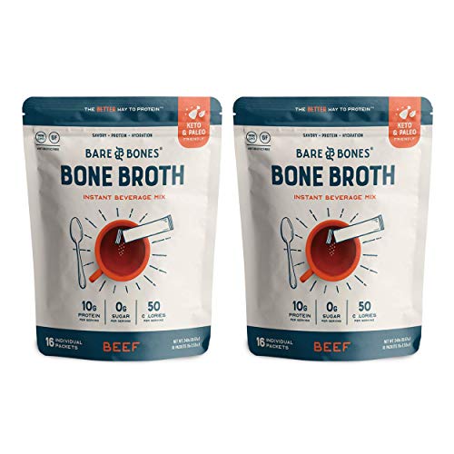 Bare Bones Beef Bone Broth Instant Powdered Mix | Rich Savory Packets on-the-Go No Artificial Flavors | 100% Grass Fed Keto & Paleo Friendly | Sticks 10g Protein | 32 Pack