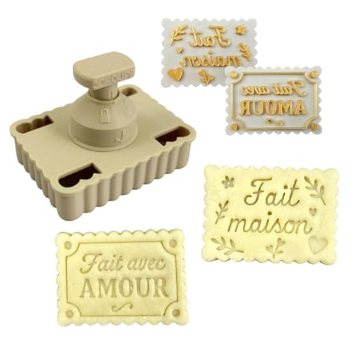 Emporte-pièce à poussoir pour biscuits – PivoFix® personnalisable avec plaques interchangeables – Fabriqué en France (Kit 2 motifs – Fait Maison + Fait avec Amour)