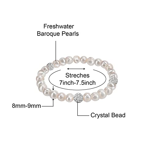 Savlano 8MM Cultured Freshwater Natural White Pearl Crystal Bead Stretch Bracelet 7 inches for Women Comes with Gift Box3