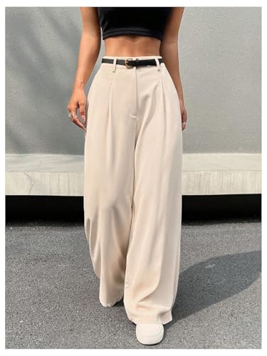 MakeMeChic Women's Pleated Wide Leg Pants Belted Zip Fly Loose Fit Plain Trousers3