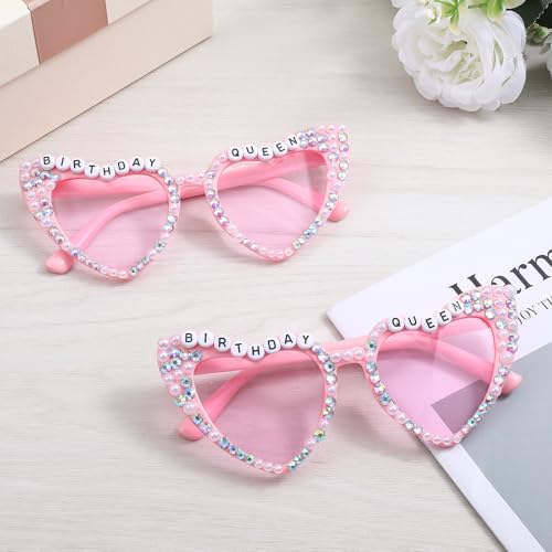 Grevosea 7 Pack Heart Sunglasses, Pink Heart Birthday Squad Glasses with Diamond Rhinestone Shaped SunGlasses Letter Birthday Queen Glasses Party Favors for Women4