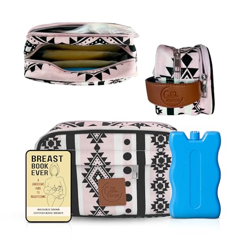 Image of Breastmilk Cooler Bag with Ice Pack Fits 4 Baby Bottles - Dual Pocket Insulated Breast Milk Cooler Travel Bag - for Nursing Moms Daycare - Beautiful Printed Breastmilk Storage Bottle Bag - Pink