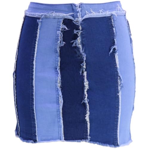 MEFOOGE Faldas Cortas De Mezclilla Ajustadas para Mujer, Minifalda Clásica De Retazos Desgastados Y Deshilachados, Informal, Sexy, Cruzadas, para Salir, Ropa De Calle, Azul XL