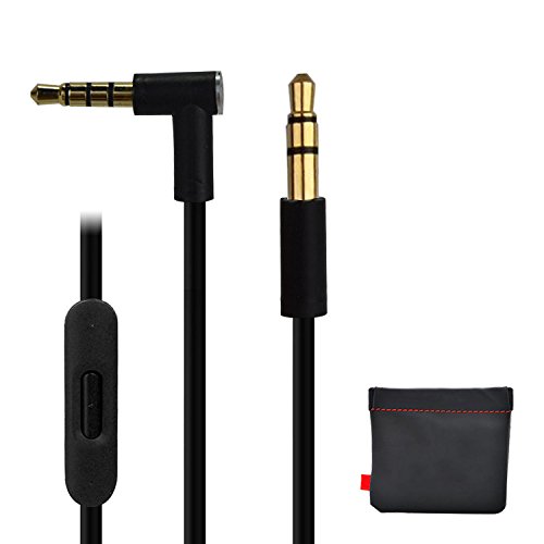 Replacement Audio Cable Cord w/ In-line Remote & Microphone + Original Replacement Leather Pouch Bag for Beats by Dr Dre Headphones Solo Studio Pro Detox Wireless Mixr Executive (Black)