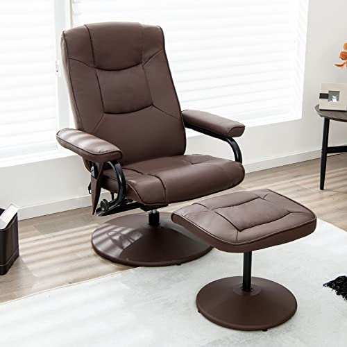 Giantex Recliner Chair With Ottoman, 360° Swivel Lounge Chair With Vibration Massage, Remote Control, Side Pocket, Faux Leather Lounge Armchair For Living Room Bedroom Office (Brown) #TOP7
