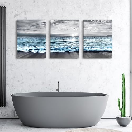 Lapremoly Canvas Wall Art For Living Room, Bedroom & Office Decor - Black & White Beach Wall Painting - Blue Ocean Sea Wave Pictures - 3 Piece Set - 20x28 in