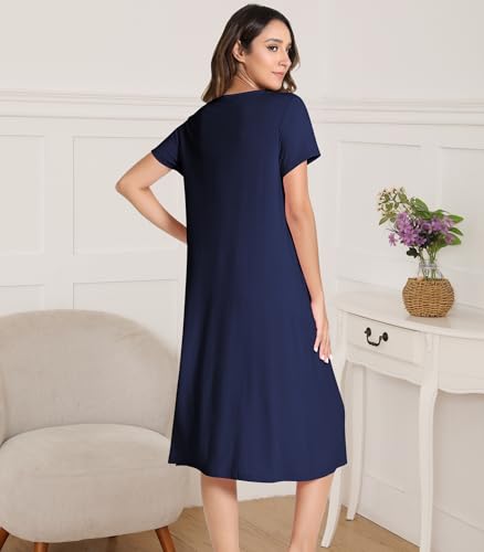 Image of NACHILA Bamboo Viscose Nightgowns for Women Short Sleeve V Neck Sleepwear