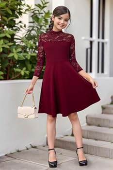 HOMEYEE Girls Dress Floral Lace A-Line 3/4 Sleeve Knee Length Elegant  Festive Wedding Party Dress 9-14 Years Burgundy 13-14 Years :  Amazon.com.be: Fashion
