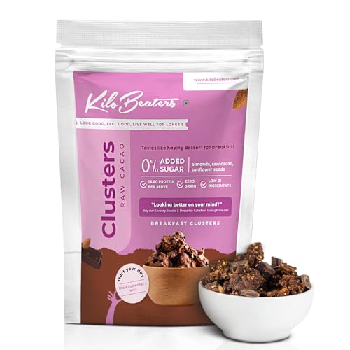 Image of Kilobeaters Clusters Muesli, Low Carb Breakfast Cereals With High Protein, No Added Sugar, Diet Food, Raw Cacao (400 gm) Pack of 1