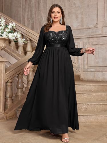Image of MISSMAY Women's Plus Size Sequin Lace Square V Neck Sheer Long Sleeves Formal Evening Chiffon Long Dress