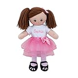Personalized Planet Rag Doll with Custom Name Embroidered | Brunette Girl Dressed in White Shirt, Stripped Stockings with Pink Tutu Skirt | Brown Hair with Removable Bow Clip