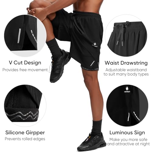 HOTSUIT Men's 2 in 1 Running Shorts 5"/ 7" Athletic Gym Workout Quick Dry with Compression Liner & Zipper Pockets3