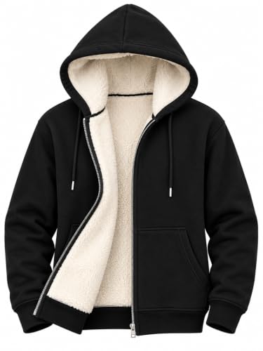 BLACKSTEP Men's Sherpa-Lined Full-Zip Fleece Hoodie Sweatshirt Black
