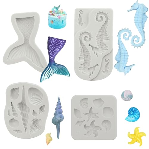 4 Pcs Marina Animales Moldes Silicona, Moldes De Cola Sirena, Mould Conchas del Mar,...