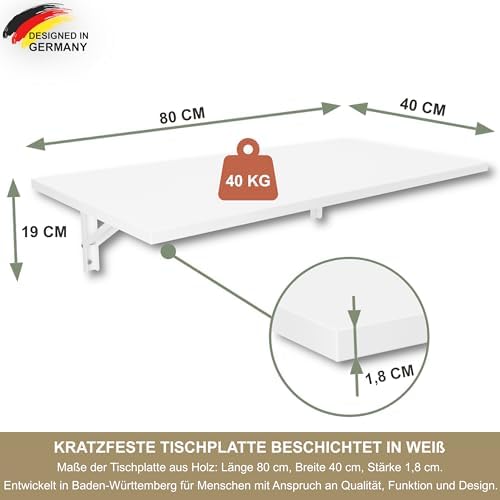 2. Bild von KDR Wandklapptisch 80x40 cm Weiß – Klappbarer Tisch zur Wandmontage – als Esstisch, Schreibtisch, Küchentisch oder Arbeitsplatz – Platzsparend & vielseitig einsetzbar