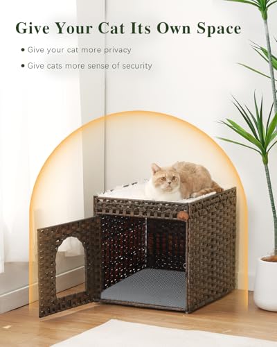 Image of SETVSON Cat Litter Box Enclosure, PE Rattan Hidden Kitty House, Brown | PE Rattan Kitty House, Reversible Double-Sided Pad, Litter Mat, 2 S-Hooks, Iron Frame, 18.5x20.5x19.1 In Cat Cabinet