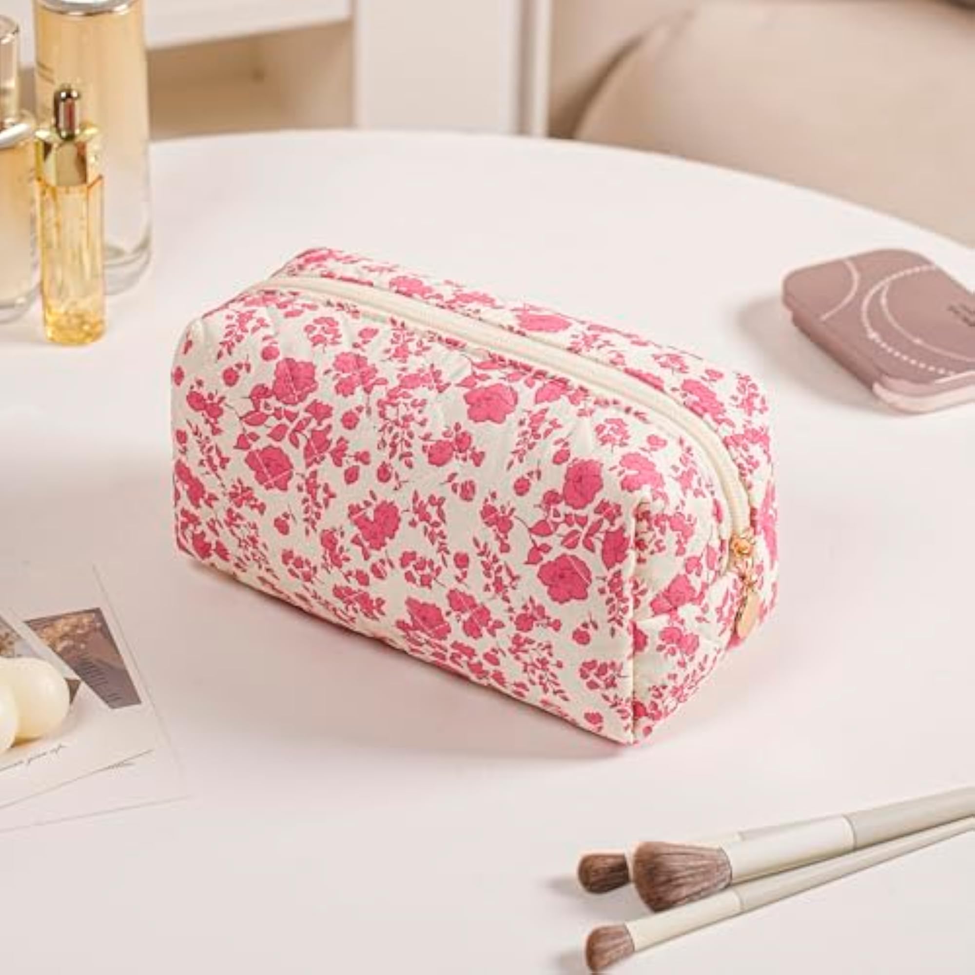 Small Quilted Floral Makeup Bag, Travel Toiletry Pouch
