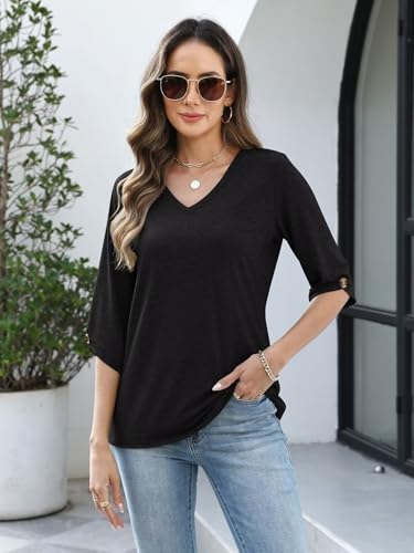 Image of TICTICMIMI Womens Tops 3 /4 Length Sleeve V Neck Casual Trendy Button Tunic Tops Summer Basic T-Shirts Loose Fit Pullover
