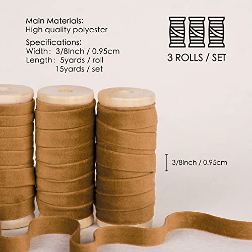 Vitalizart Khaki Velvet Ribbon Set 3/8" x 5Yd x 3 Rolls, Wooden Spool - Image 2