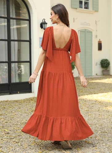 Image of Kikibell Women Summer Dresses Sexy V-Neck Maxi Dress Tiered Silhouette with Flutter Sleeve Backless Elastic Waist Flowy Dress