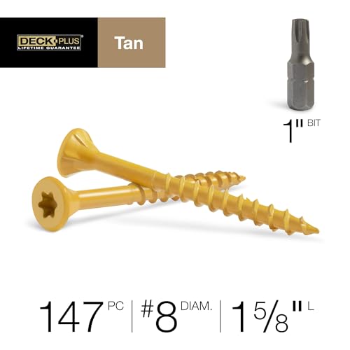 Image of Deck Plus 1-5 /8 Inch Epoxy Coated Exterior Wood and Fence Screws #8 x 1-5 /8 inch Torx /Star Drive Included Coarse Thread, Outdoor Rust Resistant Decking Screw, Tan, 1lb Box, 186 Pieces | 48411