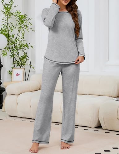 Image of KCW Womens Pajamas Sets 100% Cotton 2 Piece Lounge Set Long Sleeve Tops and Pants Soft Pjs Sleepwear with Pockets