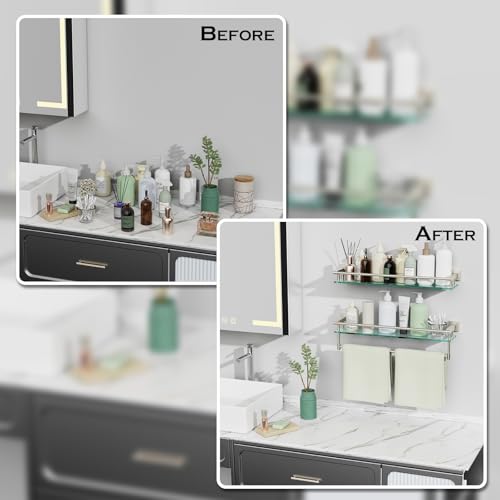 SFGSOWOR 24-Inch Modern Wall-Mounted Bathroom Glass Shelf with 1 Shelf, Brushed Nickel, 1 Towel Bar, 45 lbs Weight Capacity by SFGSOWOR - Image 5
