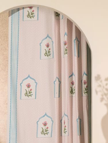 Image of Tranquebar Curtain Co. Window Curtains 5 Feet, 60-65% Room Darkening,Pink Mughal Print, Cotton Curtains for Window, Cotton Curtains 5 Feet Long Set of 2, BackTab Loops,Mehr (152 cm) - Set of 2