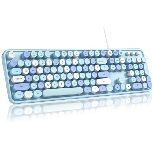 Image of MOFII Computer Keyboard Wired,Round Key Retro Typewriter Keyboard Full Size | USB Plug and Play, for Laptop, PC, Desktop, Windows (Blue Colorful)