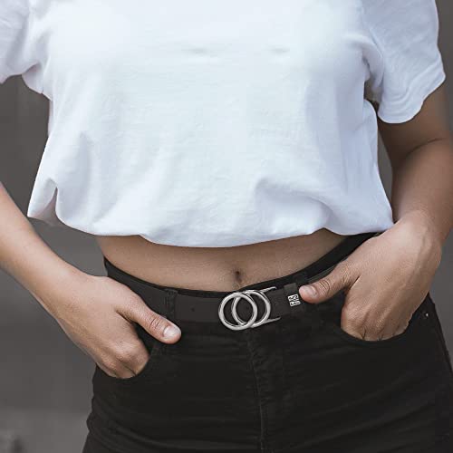 FARSIDE Cinto Feminino Preto Fino Com Fivela Dupla Redonda Prata e Tamanho Ajustavel