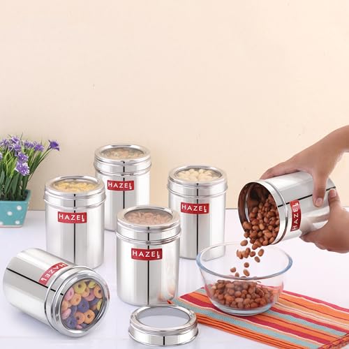 Image of HAZEL Stainless Steel Kitchen Container with Transparent Lid | Top See Through Kitchen Container Set with Matt Finish | Multipurpose Container for Kitchen Storage, 900 ML, Set of 6