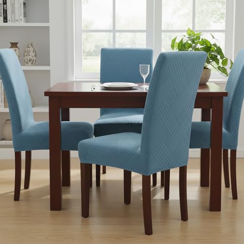 Image of House of Quirk Elegant Jacquard Chair Cover - 220 GSM Stretch Fabric, Universal Fit, Washable Short Dining Seat Protector Slipcover (Light Blue, Pack of 6)