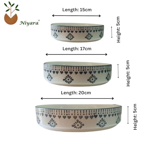 Image of Niyara Stoneware Handmade Ceramic Stylish Premium Serving Bowls /Salad Tray Microwave Dishwasher Safe (Grey jhalar Set of 3)